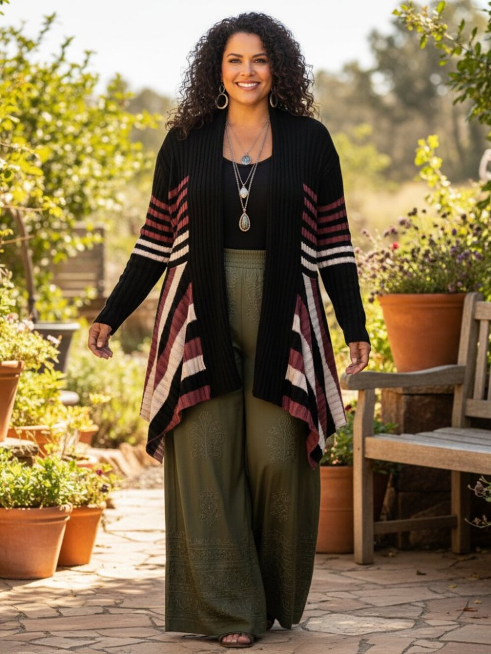 NEW Evelyn Taylor 1X Cardigan Black Draped Open Ribbed Striped Boho‎ Whimsigoth